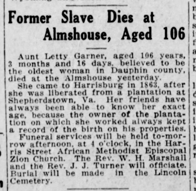 1913 News article about the death at age 106 of former slave Letty Garner